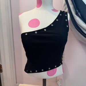 Motel Black One-Shoulder Grommet Crop Top
